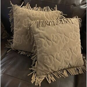 Designer Suede Throw Pillow Set / 2 Fringe Embroidered 18" x 18" Beige Down Fill